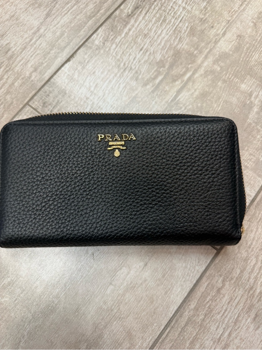 Prada Black  Leather Zip Wallet with Gold Zip